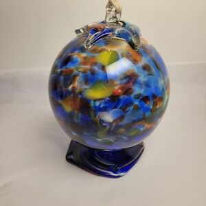 Art Glass Witch Ball Ornament Hand Blown Orb Blue Multicolor Large 6in Swirl